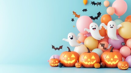 Fototapeta premium A festive Halloween scene featuring playful ghosts, colorful balloons, and carved pumpkins ready for celebration.