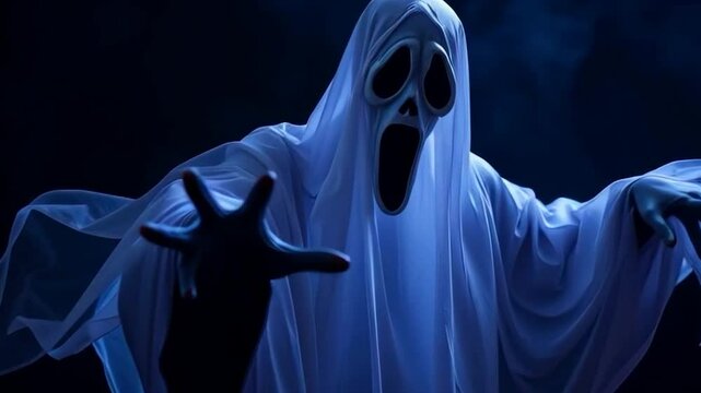 spooky halloween ghost figure scary outstretched hands floating haunted horror dramatic lighting mysterious atmosphere eerie presence motion video