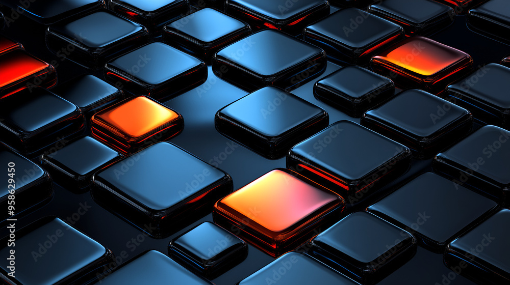 Aufkleber a close-up view of black and red glossy tiles arranged in an abstract pattern on a dark surface, sho