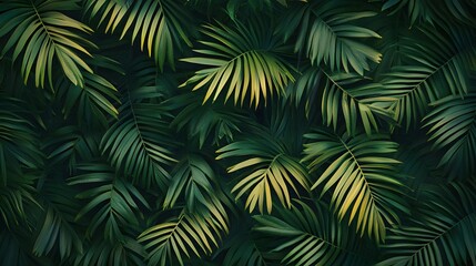 A background of dark green palm leaves with vibrant colors, creating an exotic and lush atmosphere