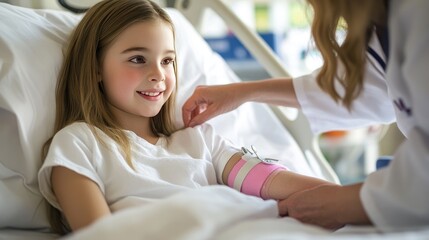 A young girl with an arm splint lying in a hospital bed, with a caring nurse adjusting her blanket, emphasizing medical care and attention.