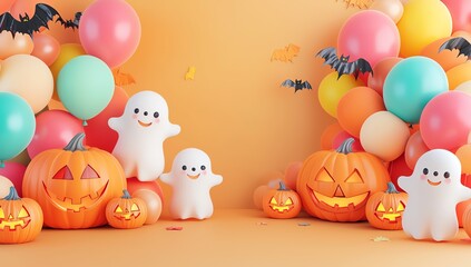 Obraz premium A festive Halloween scene featuring playful ghosts, carved pumpkins, colorful balloons, and cheerful autumn decorations.