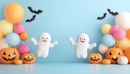 Fototapeta premium Festive Halloween scene with playful ghosts, colorful balloons, and carved pumpkins, perfect for seasonal celebrations and decorations.