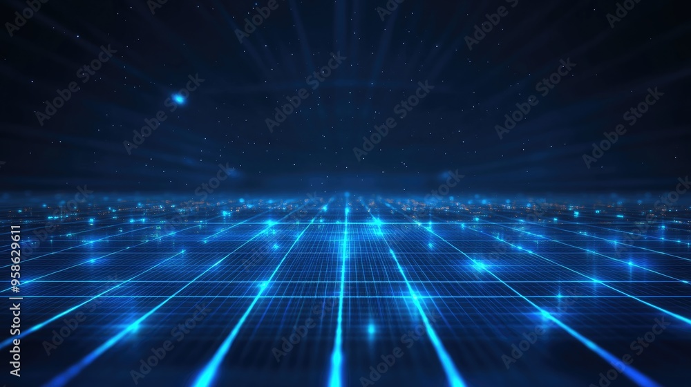 Poster abstract digital grid with glowing blue lines, creating a dynamic and futuristic technological atmos