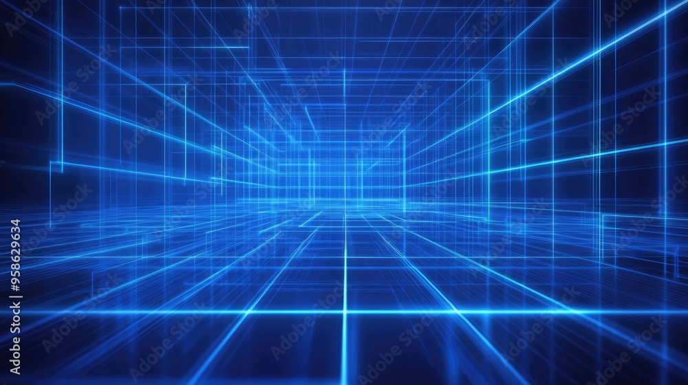 Poster abstract digital grid with glowing blue lines, creating a dynamic and futuristic technological atmos