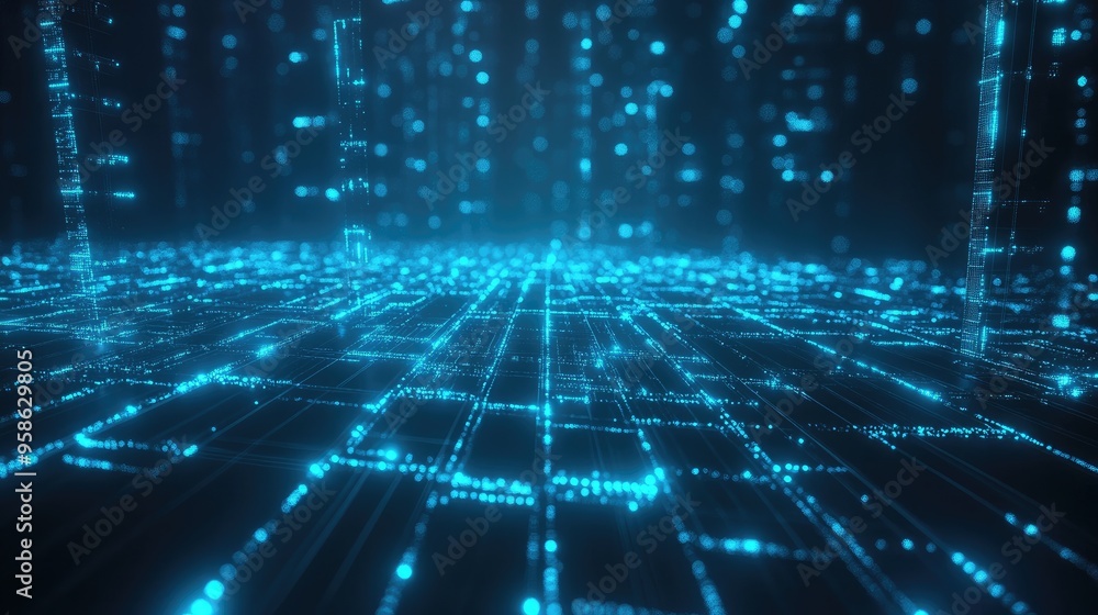Poster abstract digital grid with glowing blue lines, creating a dynamic and futuristic technological atmos