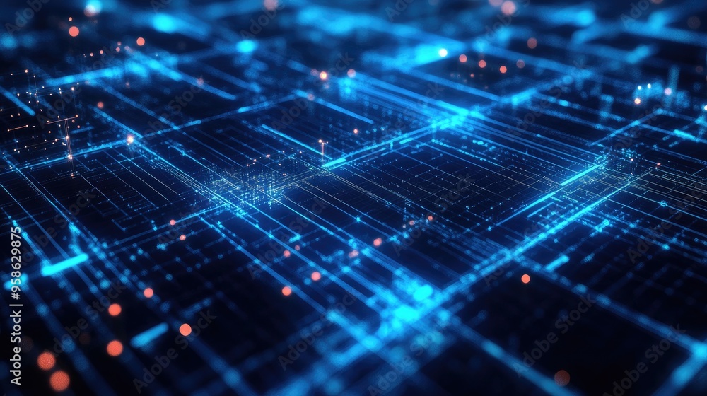 Poster abstract digital grid with glowing blue lines, creating a dynamic and futuristic technological atmos