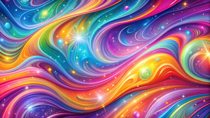 Obraz premium Vibrant abstract cosmic swirls in bright colors with sparkling stars and planets