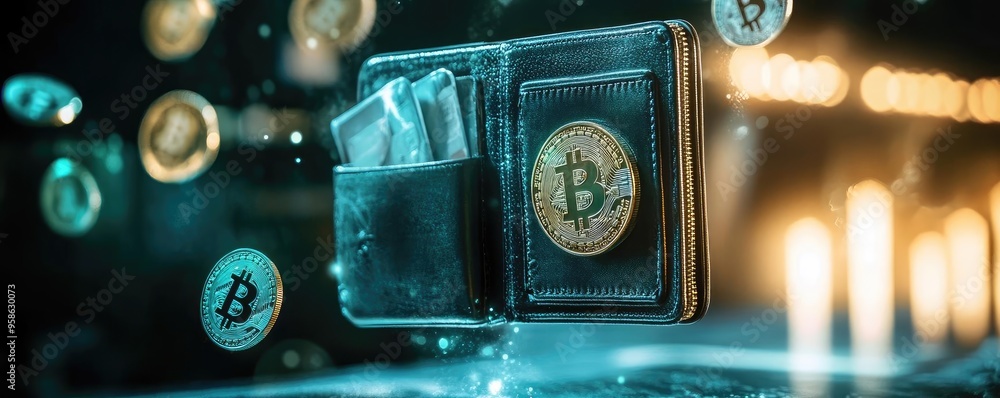 Poster digital wallet showcasing cryptocurrency with floating bitcoin coins, representing modern finance an