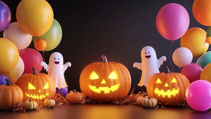 Festive Halloween scene with glowing pumpkins, cheerful ghosts, and colorful balloons, perfect for seasonal celebrations.