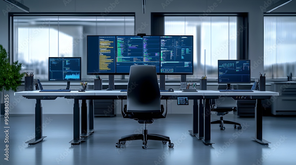 Poster modern office workspace with multiple monitors and adjustable desks