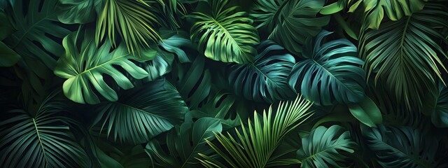 A background of dark green palm leaves with vibrant colors, creating an exotic and lush atmosphere