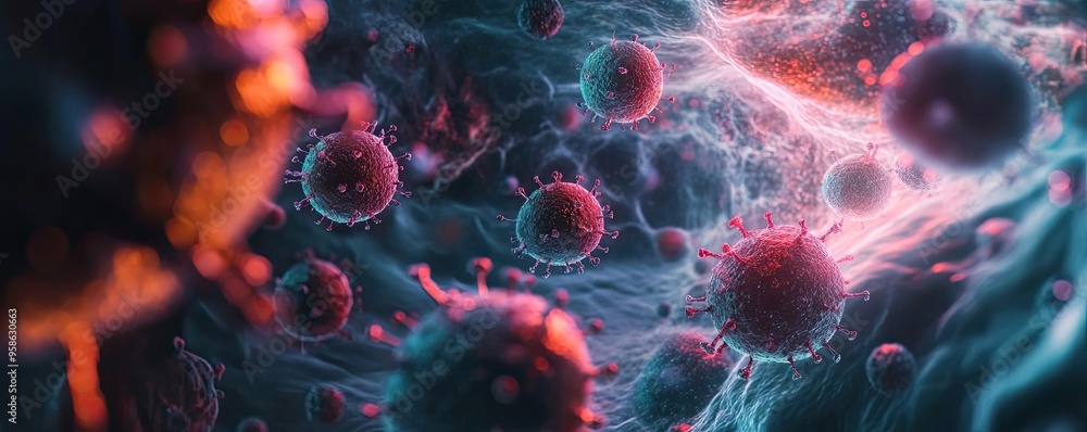 Poster abstract representation of viruses in vibrant colors, showcasing microscopic details and a dynamic e