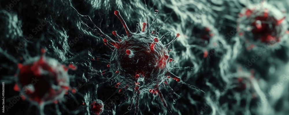Poster a detailed close-up of a virus, showcasing its structure and texture under high magnification. ideal