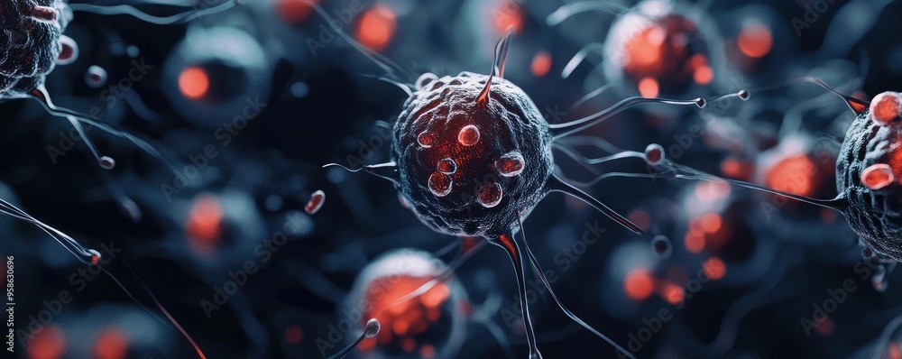 Poster close-up view of vibrant microorganisms showcasing intricate detail and dynamic movement in a dark b