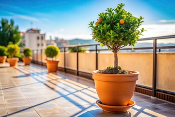 greenery, wide-angle shot, sunlight, vegetation, growth, summer, decor, nature,terrace, vibrant, foliage, pot, A wide angle shot of a pot with a small orange plant on a terrace
