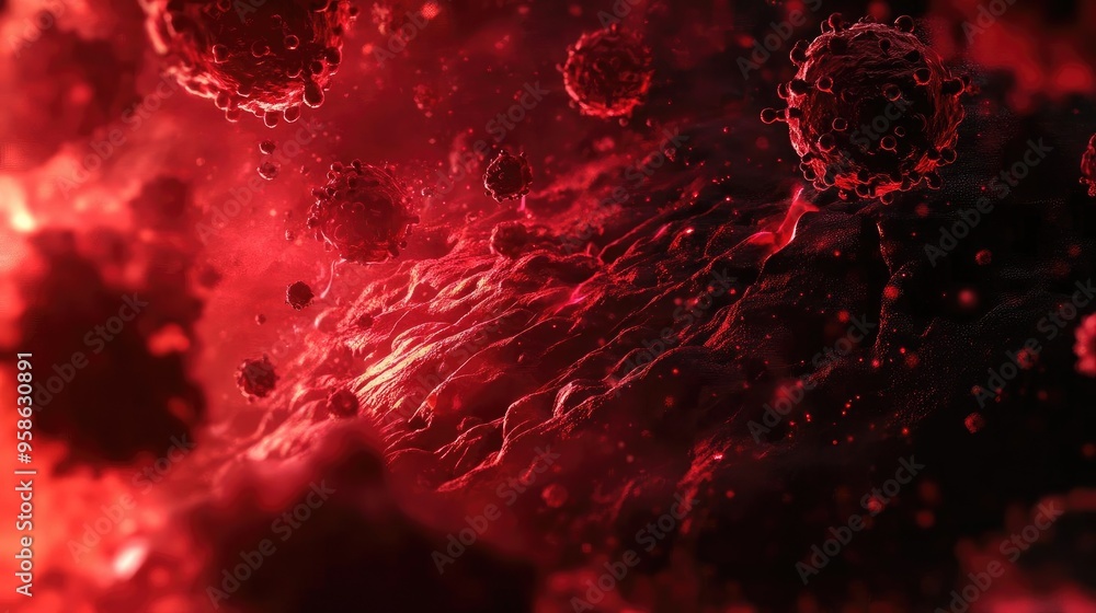 Poster abstract representation of viral cells in a dark and vivid red environment, showcasing the complexit