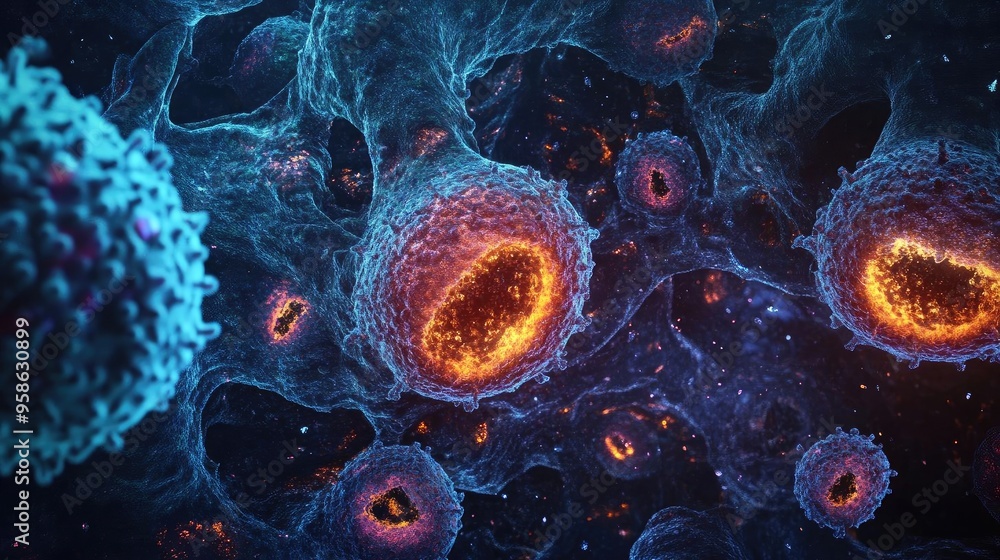 Poster intricate view of human cells showcasing their structure and vibrant details, highlighting cellular 