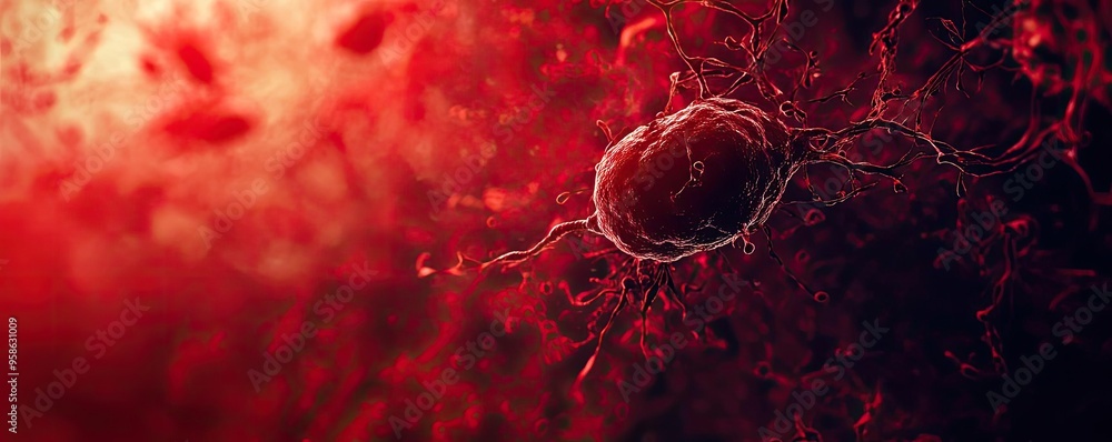 Poster close-up of a single cell in a vivid red environment, illustrating biological structure and dynamics