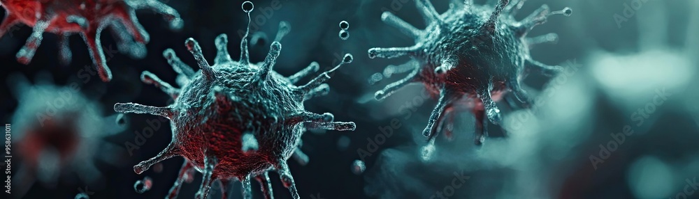 Poster magnified view of virus cells illustrating intricate structures and details in a dark background, hi