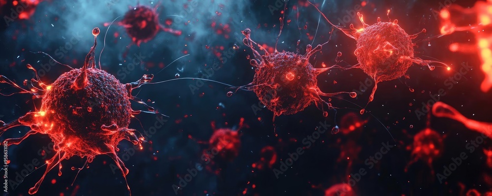 Poster close-up view of bacteria in vivid colors, showcasing their intricate structures and dynamic movemen