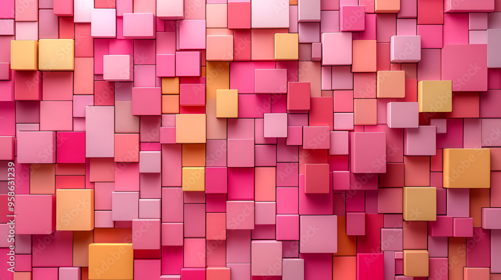 Poster colorful arrangement of pink and yellow squares creating a vibrant abstract pattern on a flat surfac
