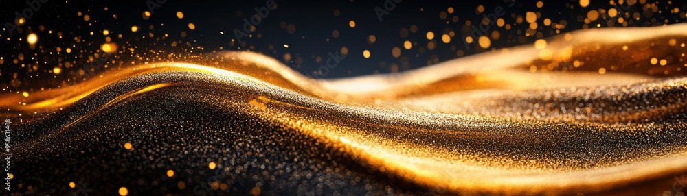 Poster abstract golden wave with sparkling particles set against a dark background, creating a luxurious an