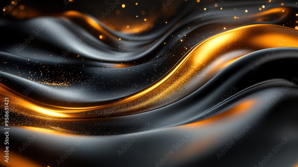 Poster abstract black and gold waves with sparkling particles creating a luxurious, flowing texture. ideal 