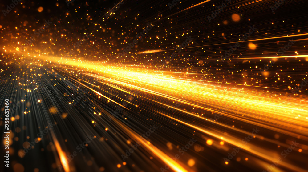 Poster dynamic image of glowing, fiery orange light streaks and particles accelerating through dark space, 