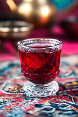 Vibrant Egyptian Karkadeh Tea in a Traditional Glass Cup with Colorful Decor