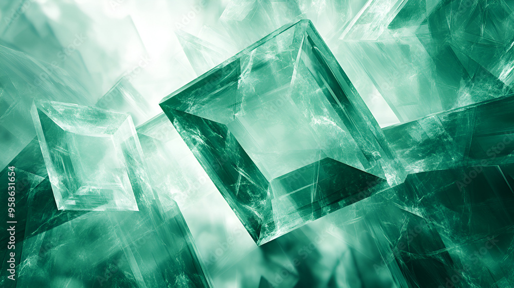 Poster Abstract emerald green crystal formations floating in a luminous background, showcasing intricate shapes and textures