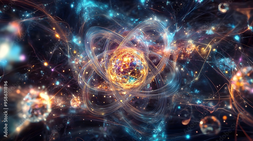 Poster 91. elegant rendering of a central atom surrounded by intricate, luminous nutrient patterns