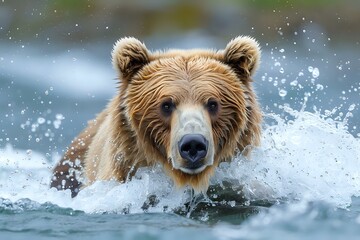 Fototapeta premium A dynamic shot of a brown bear charging through water, droplets flying around as it moves with determination. Ideal for wildlife photography, nature exploration, and predator-themed projects.