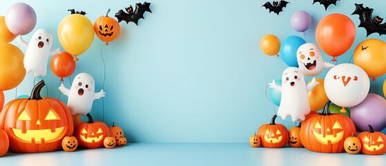 Fototapeta premium A vibrant Halloween scene with colorful balloons, playful ghosts, and glowing pumpkins, perfect for festive celebrations.