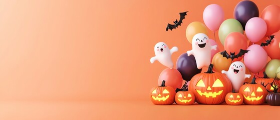 Naklejka premium Charming Halloween scene with playful ghosts, colorful balloons, and spooky pumpkins against a cheerful orange background.