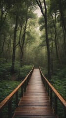Obraz premium A wooden walkway within the middle of a lush green forest.