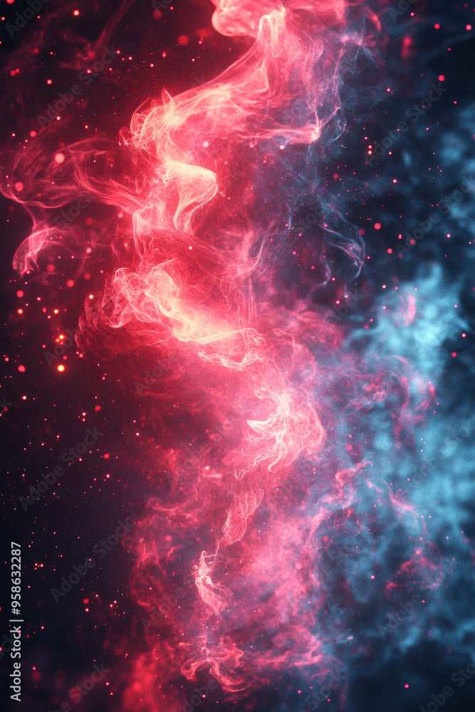 Poster a mesmerizing swirl of red and teal colored smoke on a dark background creating an ethereal and dyna