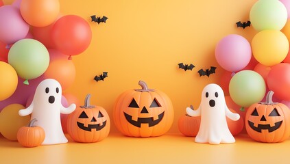 Fototapeta premium Colorful Halloween scene featuring playful ghost decorations, pumpkins, and festive balloons on a bright yellow background.