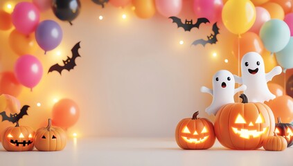 A festive Halloween scene featuring pumpkins, playful ghosts, and colorful balloons, perfect for seasonal celebrations.