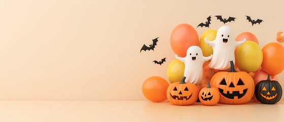 Fototapeta premium Colorful Halloween party scene with playful ghosts, pumpkins, and festive balloons perfect for spooky celebration.
