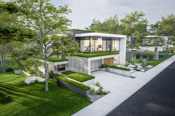 3d rendering of flat roof house with parking and pool for sale or rent with concrete facade and beautiful landscaping. Clear summer evening with cozy light from window
