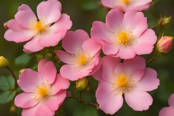 Fototapeta premium Pink wild roses with five delicate petals and bright yellow stamens, Ai Generated