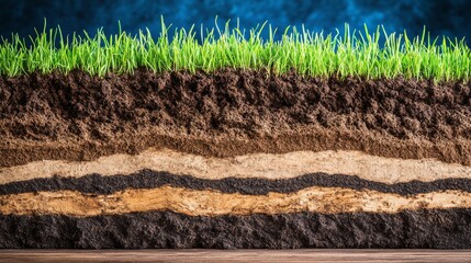 This is a cross-section of grass and the soil layers beneath, layered organic, minerals, sand, clay, Isometric soil layers as a backdrop.