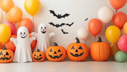 Cheerful Halloween scene with balloons, pumpkins, ghosts, and bats, perfect for festive decorations and seasonal celebrations.