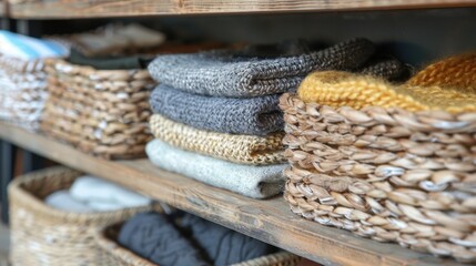 Obraz premium Storage Baskets: Baskets crafted from woven materials, fabric, or plastic for organizing small items like gloves and scarves, commonly found on shelves or under benches. 