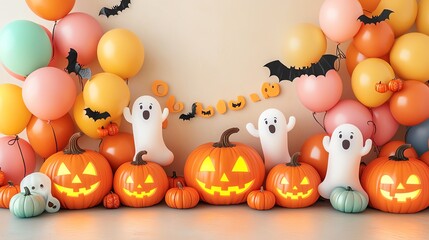 A festive Halloween setup featuring cheerful ghosts, carved pumpkins, and colorful balloons, perfect for spooky celebrations.