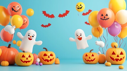 Naklejka premium A cheerful Halloween scene with friendly ghosts and festive pumpkins, perfect for seasonal celebrations and decorations.