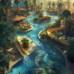 Panoramic view of a waterpark with lazy rivers, slides, and palm trees, creating a tropical atmosphere