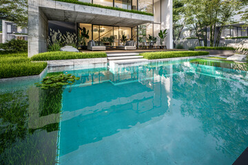 3d rendering of flat roof house with parking and pool for sale or rent with concrete facade and beautiful landscaping. Clear summer evening with cozy light from window