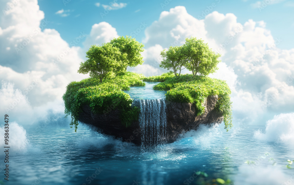 Poster floating island with lush greenery and waterfall surrounded by clouds and water, creating a serene a